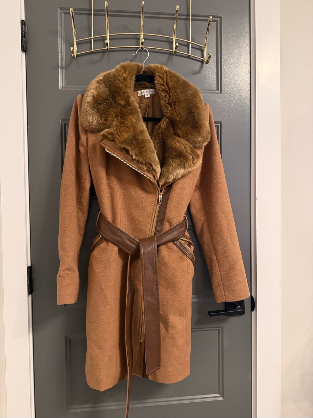 VIA SPIGA Wool-Blend Faux Fur Collar Belted Coat - Camel